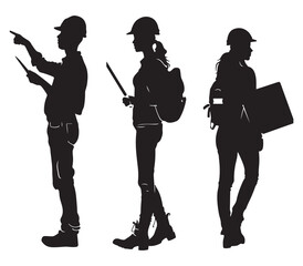 Naklejka premium Construction Workers Team Planning with Laptop and Blueprint in Silhouette Style on White Background Silhouette