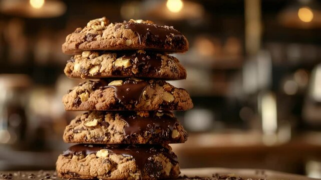 A decadent stack of chocolate chunk cookies with melted chocolate drizzle and walnuts, set against a rustic coffee shop background. Warm, moody lighting highlights the rich, indulgent texture.