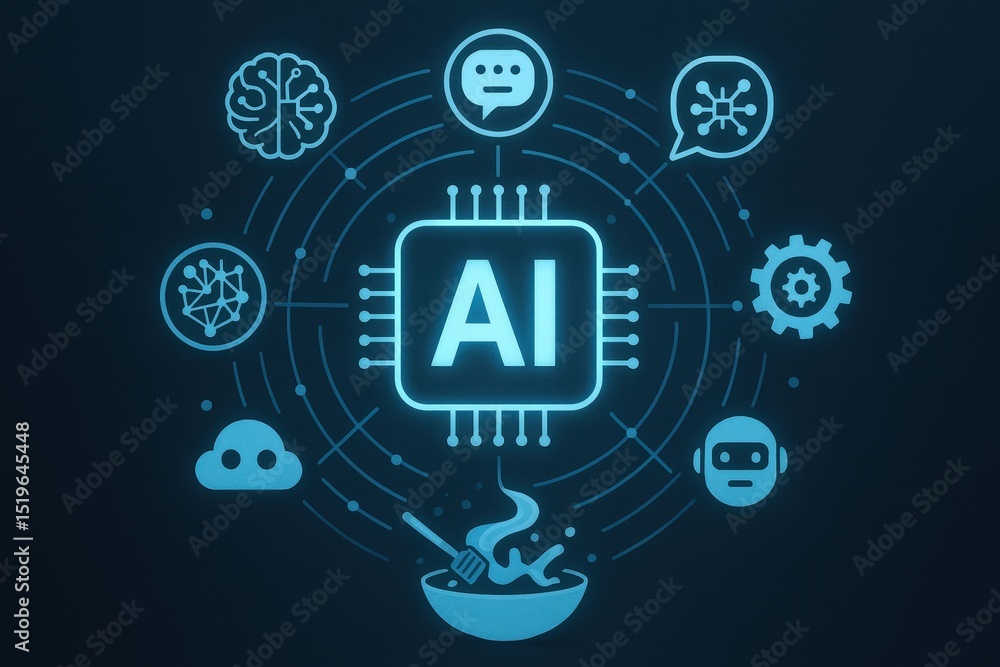 Poster futuristic ai technology concept with network and icon elements on dark background