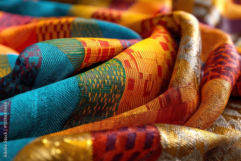 Poster a brightly colored textured woven textile features geometric patterns and vibrant hues, creating a r