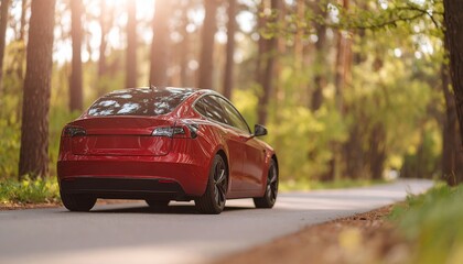 electric car driving in a nature forest, ecological vehicle, sustainable transportation