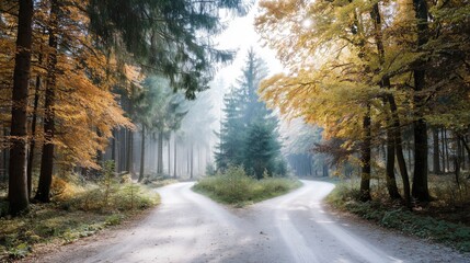 Obraz premium A forked road through autumn woods, misty and serene, symbolizing life's crossroads
