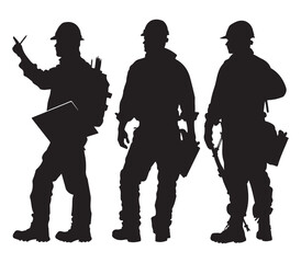 Construction Workers Team Planning with Laptop and Blueprint in Silhouette Style on White Background Silhouette
