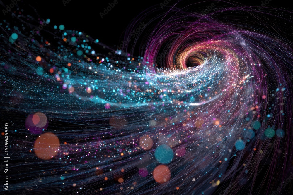 Poster a mesmerizing abstract digital art with swirling vortex of vibrant, sparkling particles, creating an
