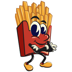 funny french fries cartoon mascot folding his arms calmly, fast food vector character isolated on white, work of hand drawn