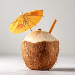 Fresh coconut drink with straw and umbrella summer tropical vacation healthy beverage