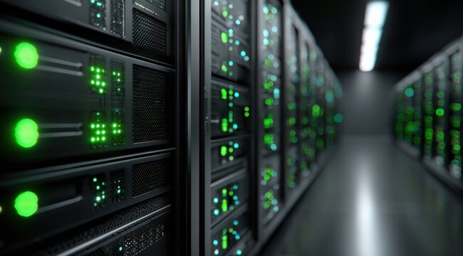 Close up view of server racks in a data center with green lights indicating activity and connectivity - Powered by Adobe