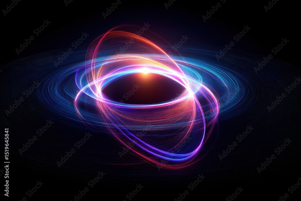Poster abstract illustration of swirling light trails on a dark background, creating a dynamic and futurist