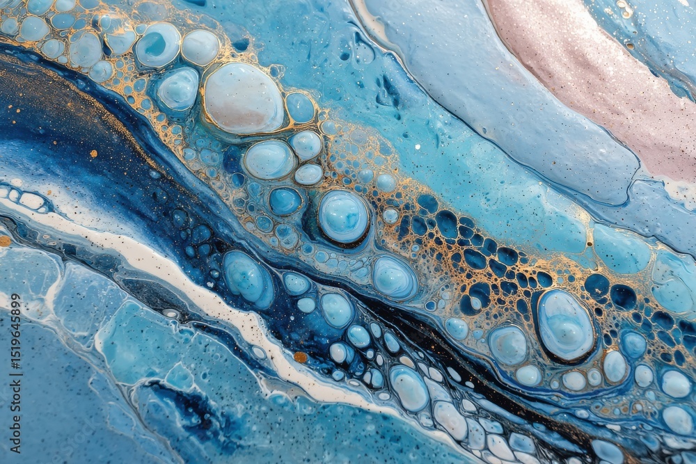 Poster macro shot of a fluid art painting with swirling patterns of blue, gold, and white, creating a textu
