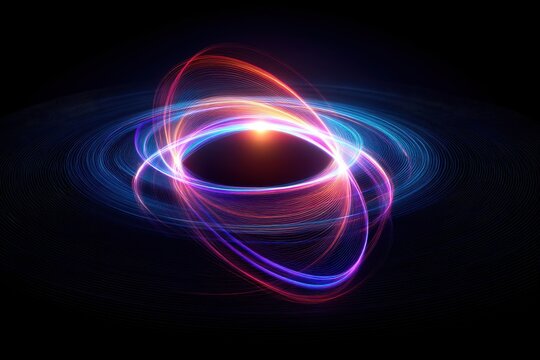 Abstract illustration of swirling light trails on a dark background, creating a dynamic and futuristic effect with vibrant colors and smooth gradients. - Powered by Adobe