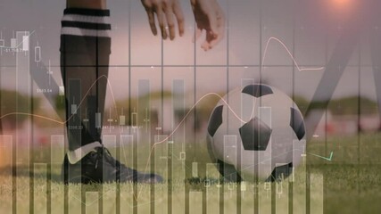 Player placing hand on soccer ball on grass tapping toe preparing kick as financial chart animating
