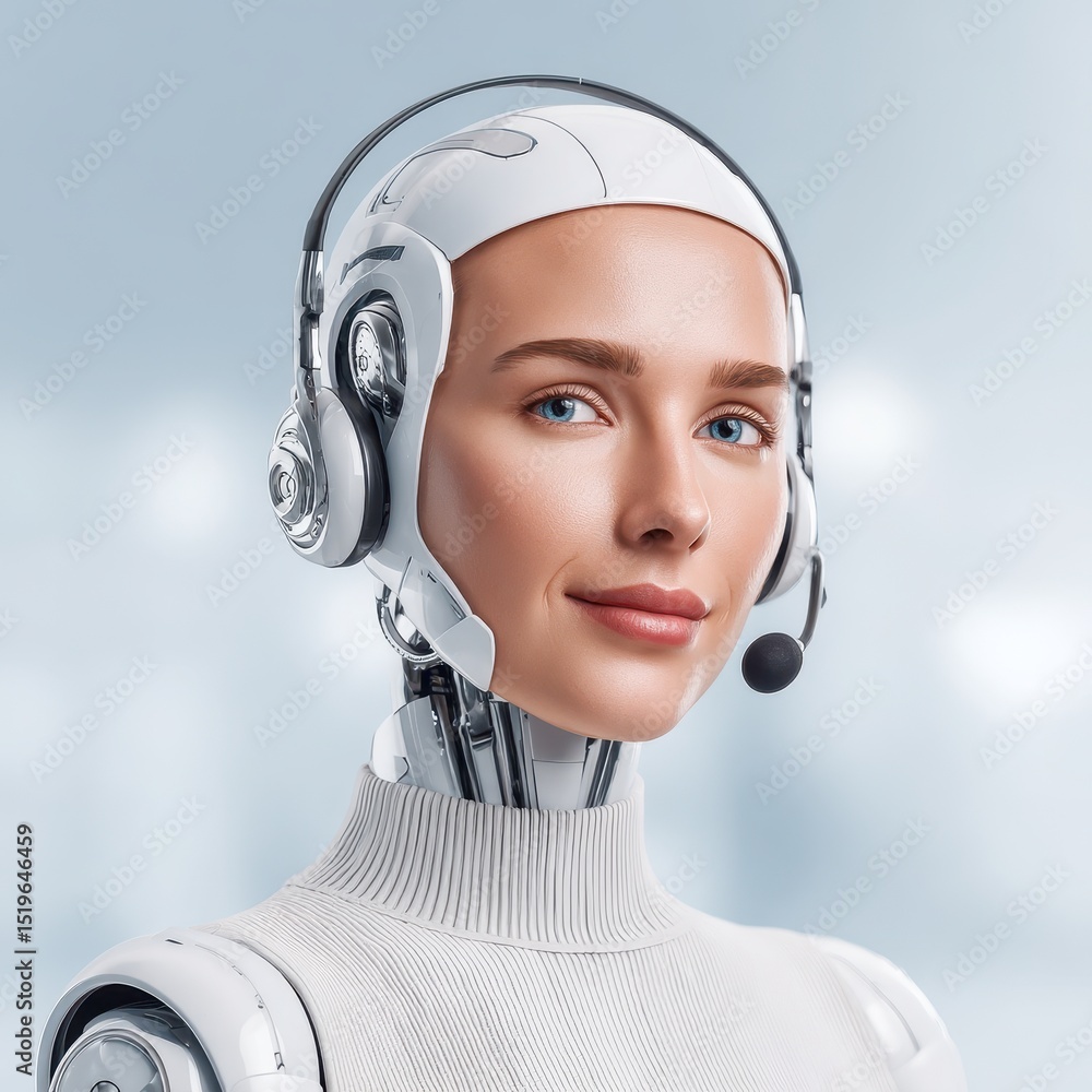 Poster a futuristic robot with a headset and a friendly expression, conveying advanced technology.