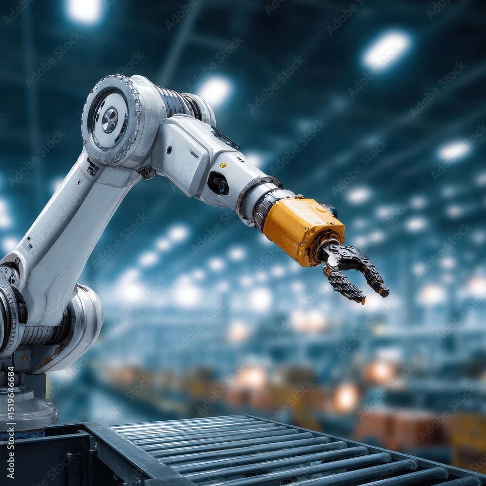 Poster robotic arm in a factory setting, showcasing automation and technology advancements.