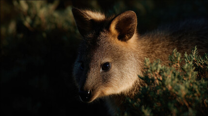 Fototapeta premium Quokka peeks through shadowed brush with light reflecting in its eyes