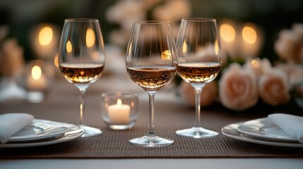 Romantic candlelit dinner, wine glasses, roses