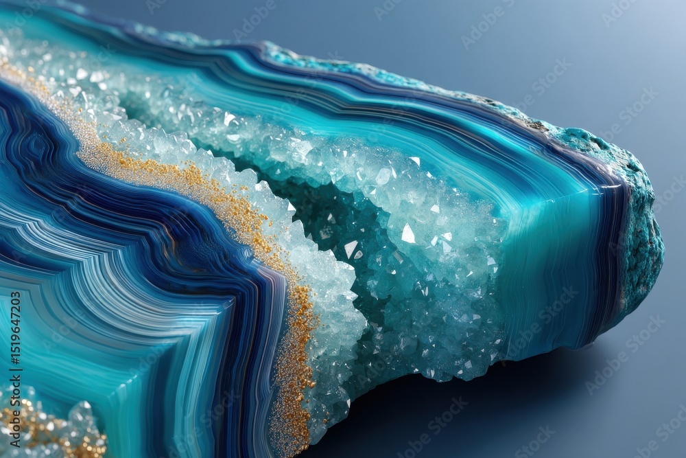 Poster macro photograph of a blue and white agate geode with sparkling crystal formations, showcasing the i