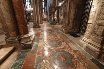 Obraz premium Interior view of the Basilica di Sant'Ambrogio in Milan, showcasing the basilica's architecture, marble columns, and ornate floor patterns, creating a sense of history and grandeur.