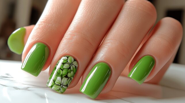 Vibrant lime green nails for summer adorned with delicate floral art on glossy manicured fingers