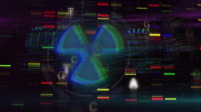 Turquoise radiation hazard icon appearing starting sliding bars flickering codes for monitoring