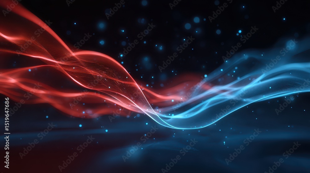 Poster colorful abstract waves of red and blue intertwine against a dark background, creating a dynamic vis