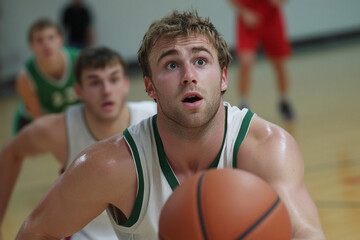 Fototapeta premium Intense moment during basketball game featuring competitive players