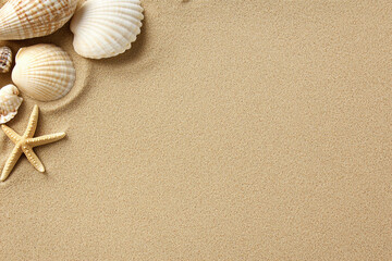Beach-themed flat lay with seashells and starfish on sand background