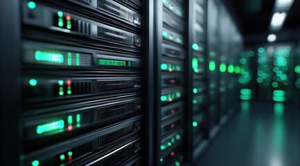 Close up view of server racks in a data center with green lights indicating activity and status information