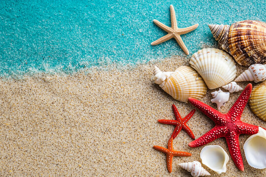 Beach flat lay with seashells and starfish on sandy shore