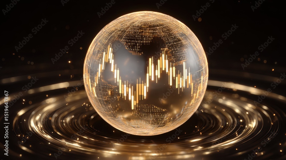 Poster glowing sphere with data visualization, set against a dark background, representing technology and f