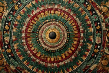 Intricate mosaic disc featuring vibrant concentric circles and detailed floral borders, showcasing cultural artistry and craftsmanship with textures and colors.