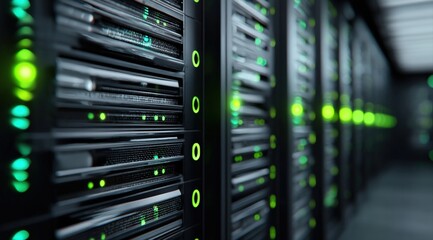 Close up view of a server room with multiple servers and green lights indicating activity and functionality