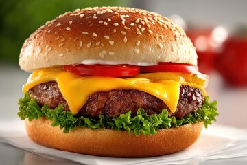 A mouthwatering close-up of a juicy hamburger with melted cheese, fresh lettuce, tomato slices, and a sesame seed bun, perfect for tempting food ads.