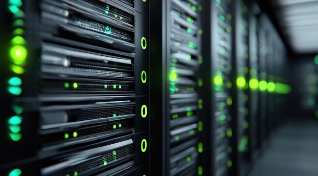 Close up view of a server room with multiple servers and green lights indicating activity and functionality