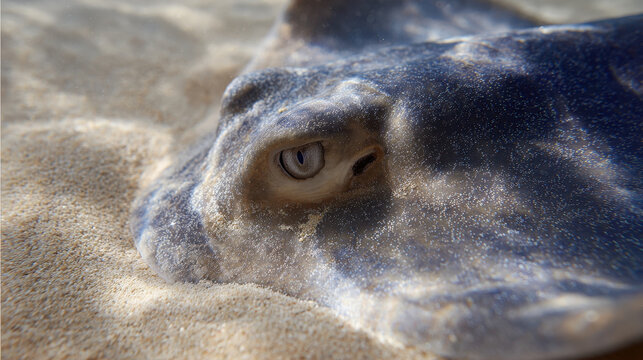 Stingray eye on sandy seabed with sunlight patterns