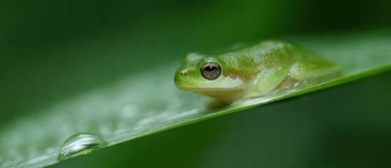 Obraz premium Small green tree frog camouflaged on leaf with water droplet
