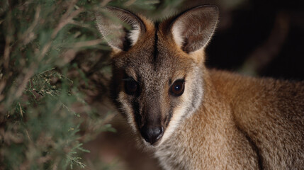 Fototapeta premium Wallaby with bright eyes stands among brush in early light
