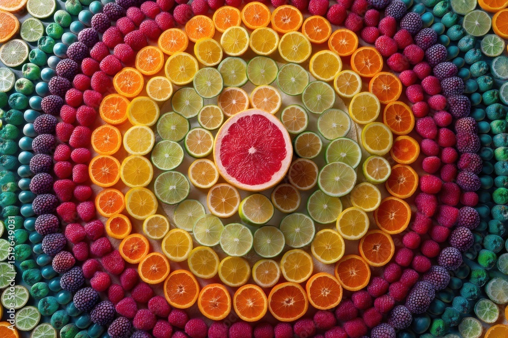 Poster a colorful concentric pattern of citrus slices and raspberries arranged in a vibrant, eye-catching c