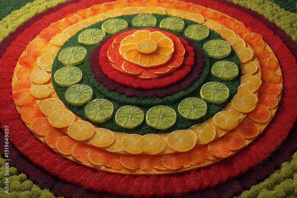 Poster a vibrant fruit mandala featuring concentric circles of citrus slices and colorful backgrounds, crea