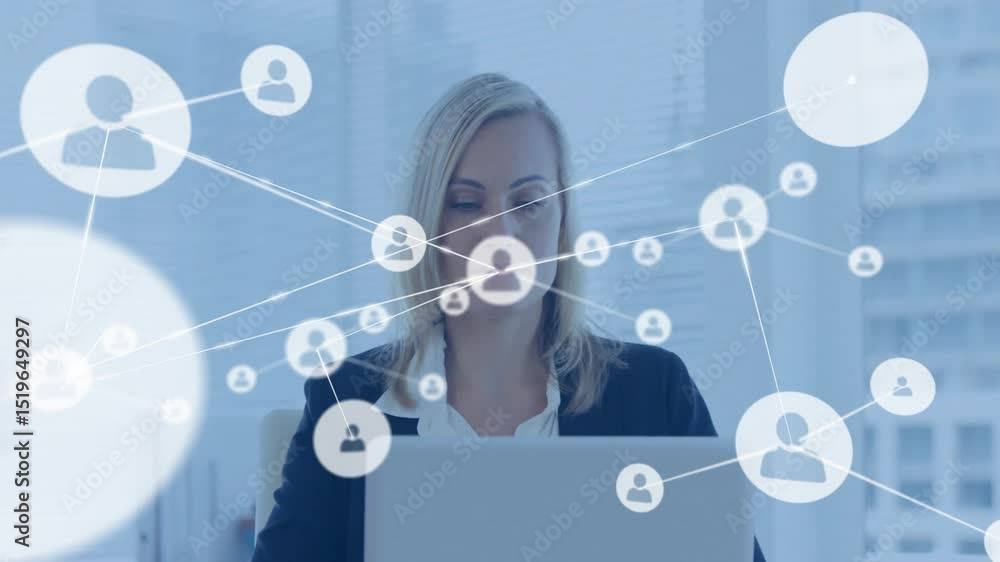 Poster tech executive viewing laptop, animated icons appearing connecting expanding in web to team growth