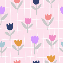 Seamless spring flowers pattern. Floral texture on pink background. Can be used for wallpapers, wrappers, cards, patterns for clothes and other. Seamless tulip pattern
