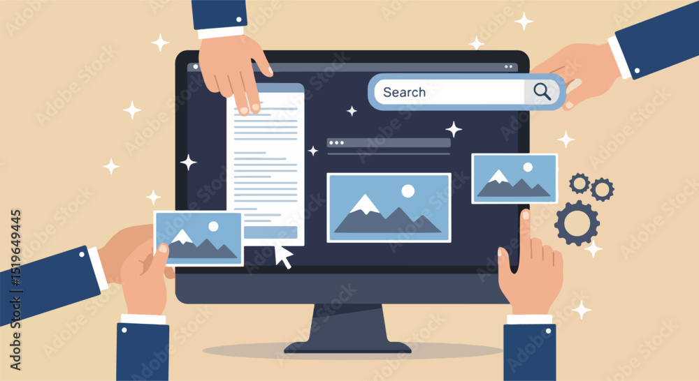 Wall mural flat illustration of four hands arranging interface elements on a desktop monitor, symbolizing web d