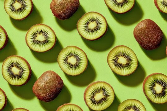 A vibrant and fresh kiwi fruit arrangement in a patterned design on a bright green background, creating an appealing visual for healthy eating concepts.