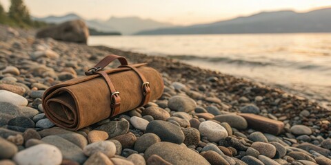Eco-friendly luxury as a product and lifestyle concept. Rolled canvas bag on pebbly beach with water in the background.