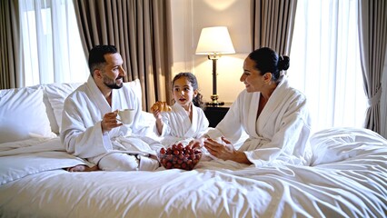 Cheerful family enjoying morning meal in hotel room, parents sharing coffee and pastries with young daughter, wearing cozy bathrobes and sharing warm smiles