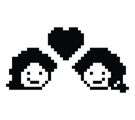 Obraz premium Cute pixel cartoon 8bit character couple together feel love happy heart soulmate relationship decoration 8 bit couple in love valentine day game isolated PNG vector.