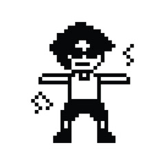Cartoon cute pixel character cute man exercises training aerobic dance lifestyle music decoration life style 8 bit male boy dance with music game 8bit fitness isolated PNG vector.