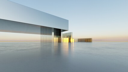 3d illustration of abstract modern architecture background, Minimal geometry architectural design, Car presentation backdrop with empty concrete floor, Geometric metal building design