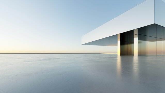 3d illustration of abstract modern architecture background, Minimal geometry architectural design, Car presentation backdrop with empty concrete floor, Geometric metal building design