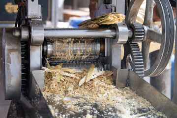 Sugarcane juicing machine on a market stall in India, fresh pressed juice from stalks, squeeze the sweet fruit drink from the cane
