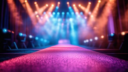 Fototapeta premium Runway, stage, lights, show, spotlights, purple, blue, performance, background, event
